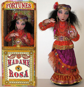 Madame Rosa - pattern for this exotic and mysterious 15" stump doll comes with complete instructions for her 20" cardboard booth.