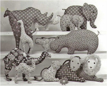 Easy to make pillow toys: 6 mamas—Rhino, Elephant, Giraffe, Hippo, Camel, Lion; 6 babies (same), and 1 papa Lion. 