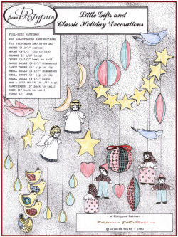 sewing pattern for  3/4" Stars, 4 1/2" Moons, 2 1/2" Hearts, 5 1/2" Doves, 3 1/2" and 2 1/2" Balls, 5" and 4" drops, 4 1/2" Angel dolls, 4 1/2" Boy and Girl dolls, 3" Hens and Partridges, and 2" Pears.