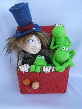 Fred and Frogs in a Box cloth doll pattern by Jill Maas.