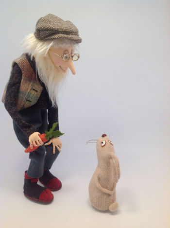Flint the old gardener and his friend Roger Rabbit cloth doll pattern by Jill Maas.