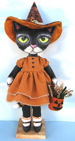 16” painted muslin kitty is all ready for Halloween