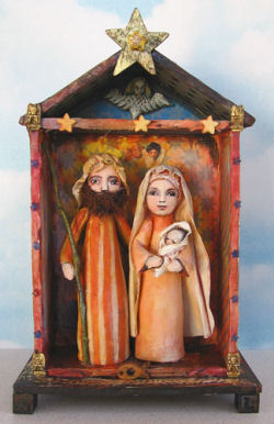 his charming folk art Nativity grouping is set in a 6" x 10" foam core board house that is decorated with paint, paper, stickers and fabric of your choosing. The 6” figures are sewn and then painted.