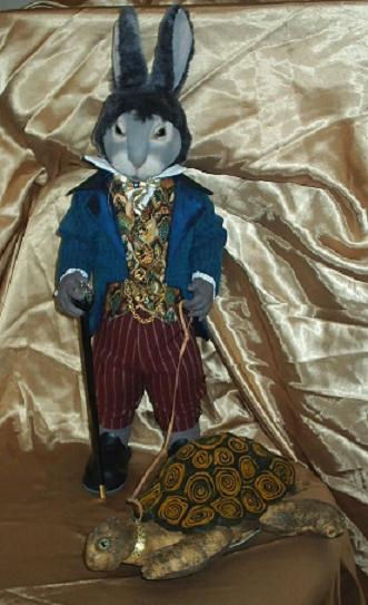This dapper 20" rabbit dressed in Victorian finery has a lycra overlay face