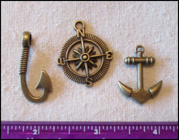 Steampunk Trinkets - Nautical Theme for Art Dolls - Bronze compass rose, anchor, & fish hook