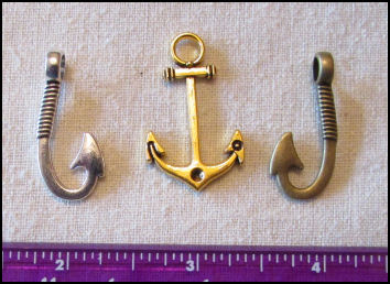 Steampunk Trinkets - Nautical Theme for Art Dolls - Gold anchor, silver fish hook, &bronze fish hook