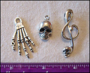 Steampunk Trinkets - Pirates Theme for Art Dolls - Silver skeleton hand (flat), skull, & Treble clef with skull